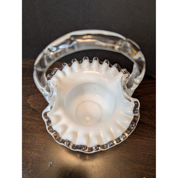 Vintage Fenton Milk Glass Ruffled Basket With Clear Glass Handle 6" T X 5" W - Picture 2 of 7